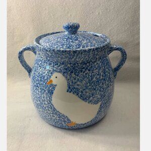 Los Angeles Blue Stipple Duck Bean Pot & Lid Blue Sponge White Duck